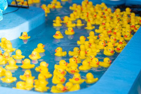 Viele Gummi-Enten treiben im Wasser an einem Messestand