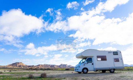 Motorhome traveling through a desert