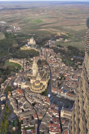 City of Segovia seen from a hot air balloon with the Cathedral