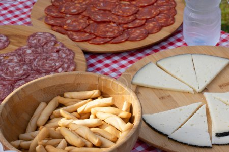 Typical Spanish appetizer in the outdoor field. Picnic with cheese, chorizo, bread and pepperoni