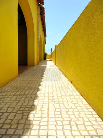 Exterior corridor with yellow walls and a dog lying in the background