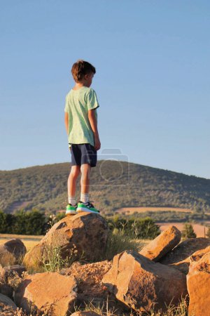 Niño de pie sobre una roca en el campo mirando al horizonte
