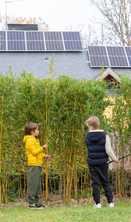 Kinder spielen in einer natürlichen Umgebung mit Solarzellen im Hintergrund