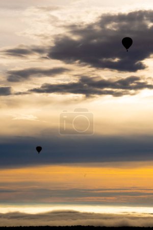 Hot air balloons flying at dawn