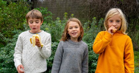 Three children eating fruit (banana, apple and tangerine) outdoors