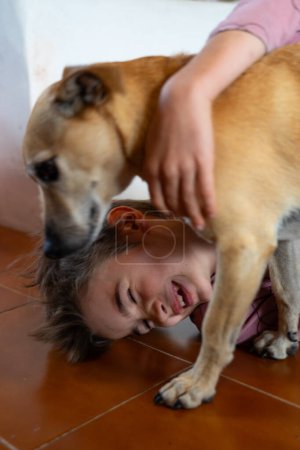 Boy playing with his dog laughing