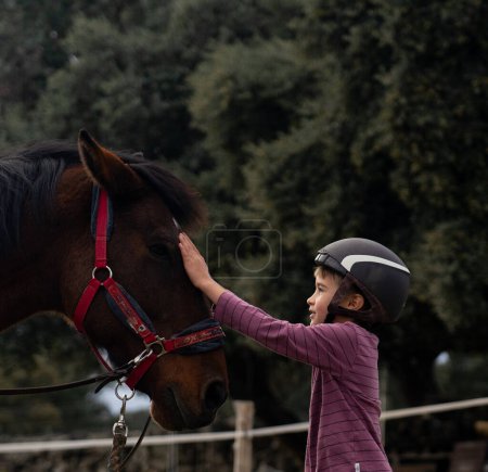Enfant touchant la tête d'un cheval en regardant