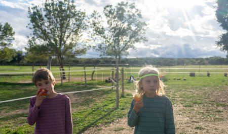 Two children eating an apple in the field
