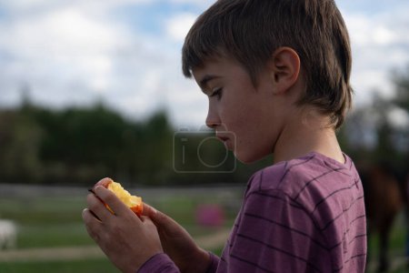 Child eating a fruit in nature