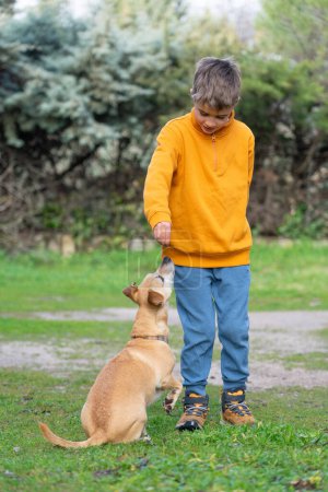 Boy giving a dog treat to his dog outdoors