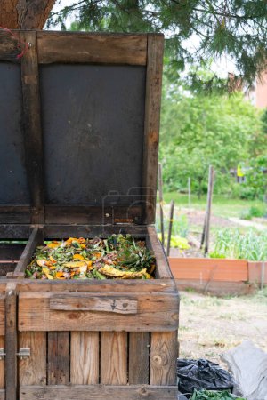 Composter in a community garden with copy space