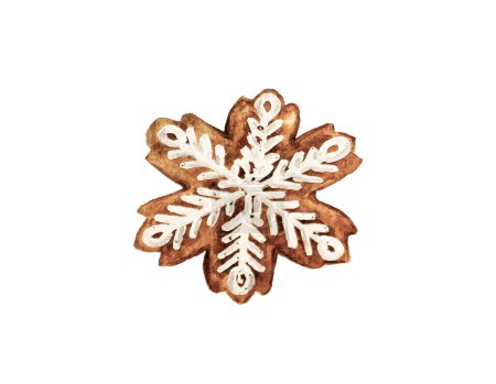 Téléchargez les photos : Pain d'épice de Noël en forme de flocon de neige avec glaçage blanc, tradition de Noël, dessin à l'aquarelle fait main - en image libre de droit