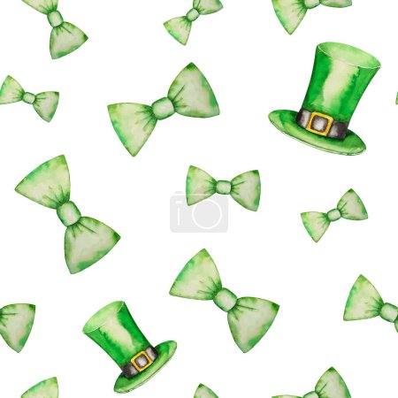 Photo for Watercolor seamless pattern St. Patrick's Day, green hat, bow tie, on white background, hand painted on paper, for design, wallpaper, packaging, invitation, postcards - Royalty Free Image