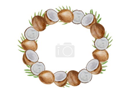 Photo for Watercolor round frame made of coconuts. Coconuts halves and parts, palm leaves, hand painted on paper, white background, for design, banners, frame, cosmetics, postcard, invitation, backgrounds - Royalty Free Image