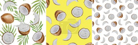 Watercolor seamless three patterns with coconuts. Tropical fruits and leaves, hand painted on paper, white and yellow backgrounds, for design, cookbook, recipes, cosmetics, backgrounds, wrapping paper
