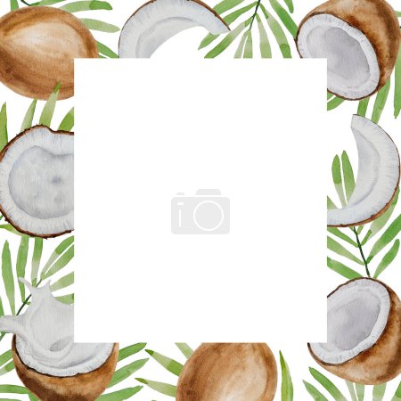 Téléchargez les photos : Cadre carré aquarelle en noix de coco. Moitiés et pièces de noix de coco, feuilles de palmier, peint à la main sur papier, fond blanc, pour le design, bannières, cadre, cosmétiques, carte postale, invitation, fonds - en image libre de droit