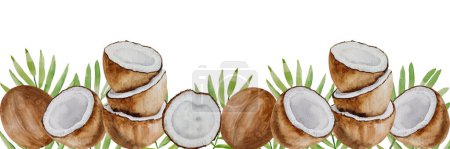 Ilustración de Vector banner acuarela de cocos. Mitades y partes de coco, hojas de palma, pintadas a mano sobre papel, fondo blanco, para diseño, marco, recetas, cosméticos, postal, invitación, fondos - Imagen libre de derechos