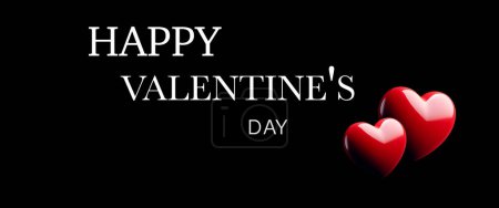 happy valentine 's day card with hearts on black background, two hearts red 3d, illustrations,