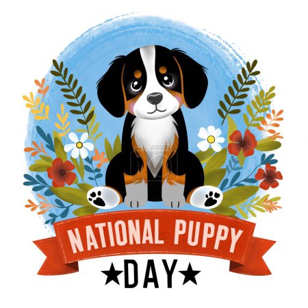 Nationaler Welpentag. Happy Dog Day Vektor Illustration Design. Grußkarte mit niedlichem Cartoon-Welpen in der Hand. Glücklicher Nationalhundetag. 