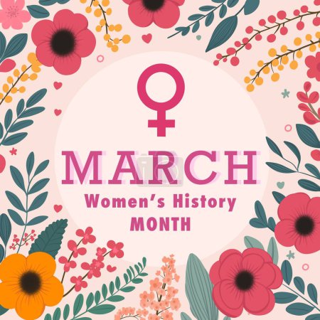   Marzo Mujeres historia mes 2024. 8 marzo mes de marzo. Ilustración primavera. 