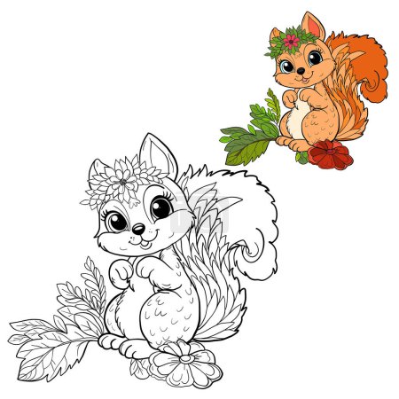 Lächelnde Cartoon-Eichhörnchen mit floralen Akzenten in einer schwarz-weißen und farbigen Version