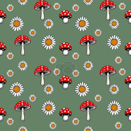 pattern on a green background , agaric mushrooms and daisies. Seamless pattern. Cute mushroom and white flowers. Mushrooms pattern.