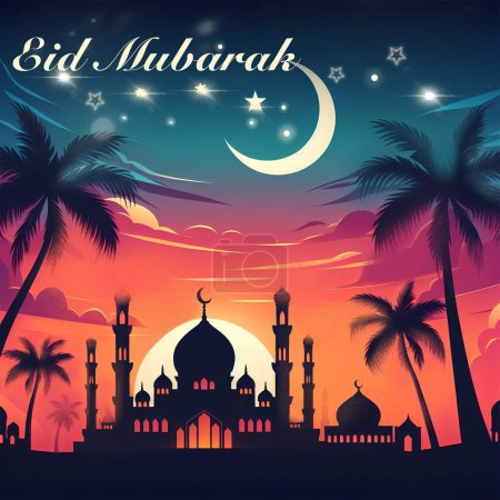 Ramadan Kareem, Eid Mubarak, greeting card and banner with mosque, beautiful palm trees and moon with stars. Islamic holiday 