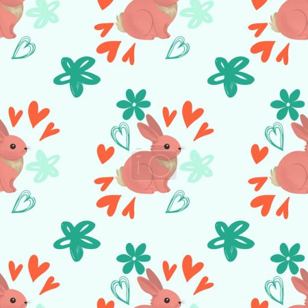   Easter pattern. Pink bunnies with abstract flowers and red hearts