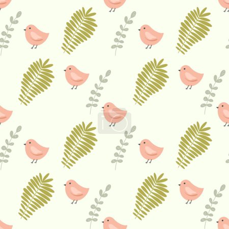   Seamless pattern with leaves and chicken. Spring design for nursery textile