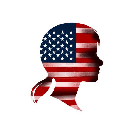silueta de mujer en el perfil de la bandera americana.