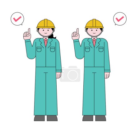 Woman and man in work clothes pointing
