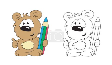 Illustration for Coloring page of cute little bear with pencil for preschool kids activity educational worksheet. - Royalty Free Image
