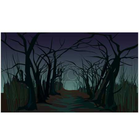 Spooky forest road illustration. Path through a dark forest autumn fog at night.Evil and fear place, spooky and creepy. Cartoon vector