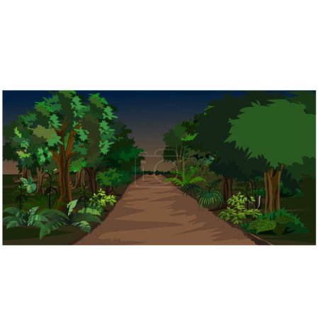 Village Mud Road Illustration with green trees.Cartoon of mud puddle in the middle of the road to forest.