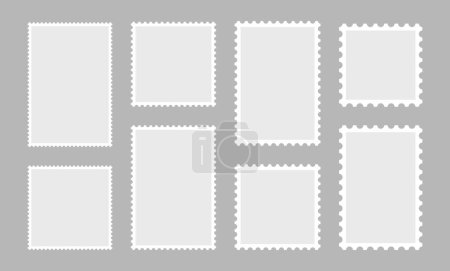 Illustration for Blank set of 8 postage stamps. Paper postmarks for mail letter isolated on grey background. Vector illustration. - Royalty Free Image