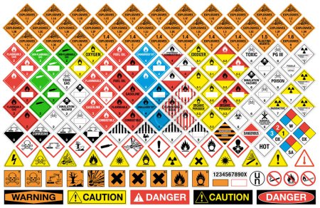 Gefahrenvektorzeichen. Alle Klassen. Alles Anzeichen. Vector Gefahrstoffschilder Sammlung. Gefährliche Vektor-isolierte Plakate.