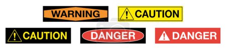 Téléchargez les illustrations : Ensemble de 5 étiquettes d'avertissement pour les entreprises. Danger, prudence, avertissement. Rouge, noir, jaune et orange - en licence libre de droit