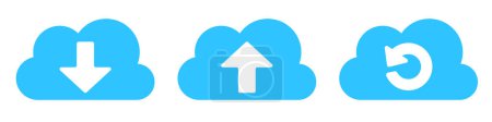 Three blue cloud computing icons representing download, upload, and sync functions.
