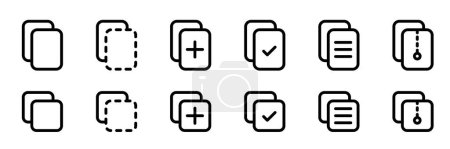 Ilustración de Conjunto de iconos de documentos en blanco y negro con varios estados como agregar, verificar y pendiente. - Imagen libre de derechos