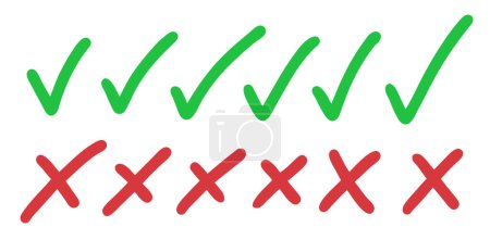 Una colección de simples marcas verdes y cruces rojas, símbolos comúnmente utilizados para indicar respuestas u opciones correctas e incorrectas.