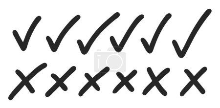 Conjunto de iconos de marcas de verificación y cruces negras, que representan decisiones o respuestas correctas o incorrectas, sí o no, y verdaderas o falsas.
