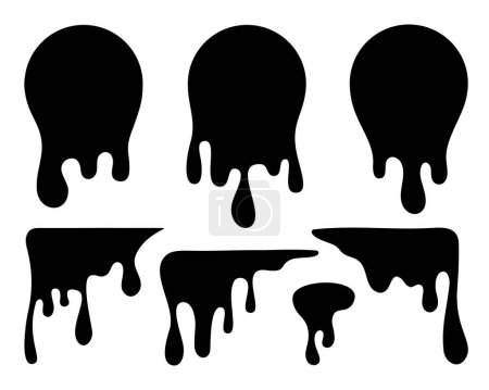 Un conjunto de siluetas de goteo de pintura negra sobre un fondo blanco, ideal para elementos de diseño gráfico o temas de terror.