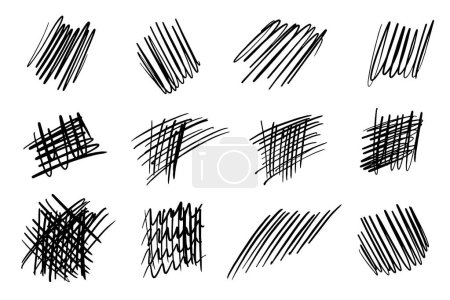Collection of black hand-drawn scribble textures on a white background, depicting creative chaos or brainstorming.