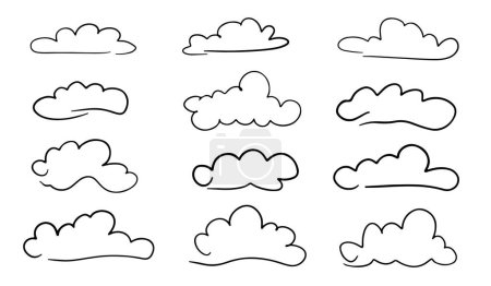 A set of varied hand-drawn cloud shapes in a minimalist black line art style, ideal for weather-related graphics and designs.