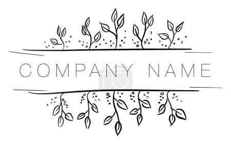 An elegant black and white line art logo design, featuring stylized leaves and plant motifs around a customizable company name space.