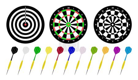 A vector illustration featuring three dartboards and a set of colorful darts in various styles and colors on a white background.
