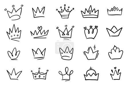 A collection of hand-drawn crown icons in various styles and designs, perfect for royalty-themed projects and decorations.