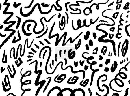 Abstract pattern with black brush strokes on a white background, featuring swirls, zigzags, and various dynamic shapes.