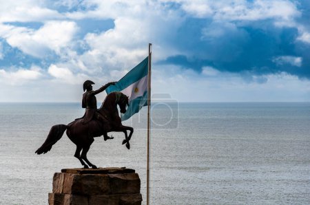 Photo for General Jose de San Martin monument with the Argentine flag, on July 10, 2023, in Mar del Plata, Buenos Aires, Argentina. - Royalty Free Image