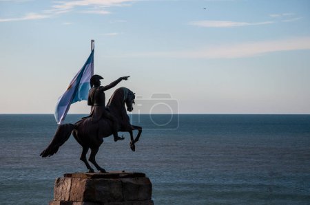 Photo for General Jose de San Martin monument with the argentine flag. July 10, 2023. Mar del Plata, Argentina. - Royalty Free Image